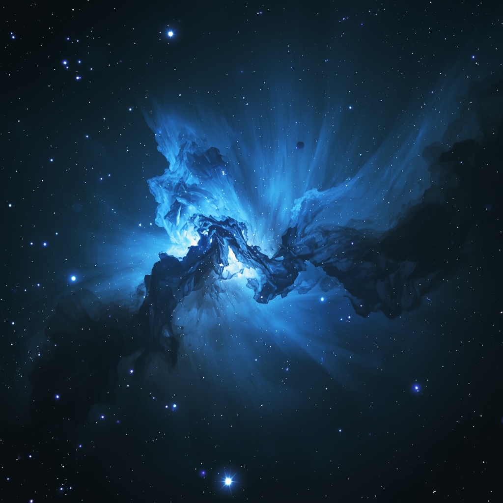 A vivid blue nebula cloud in deep space with glowing gas pillars and bright star clusters, photorealistic, cinematic, no people